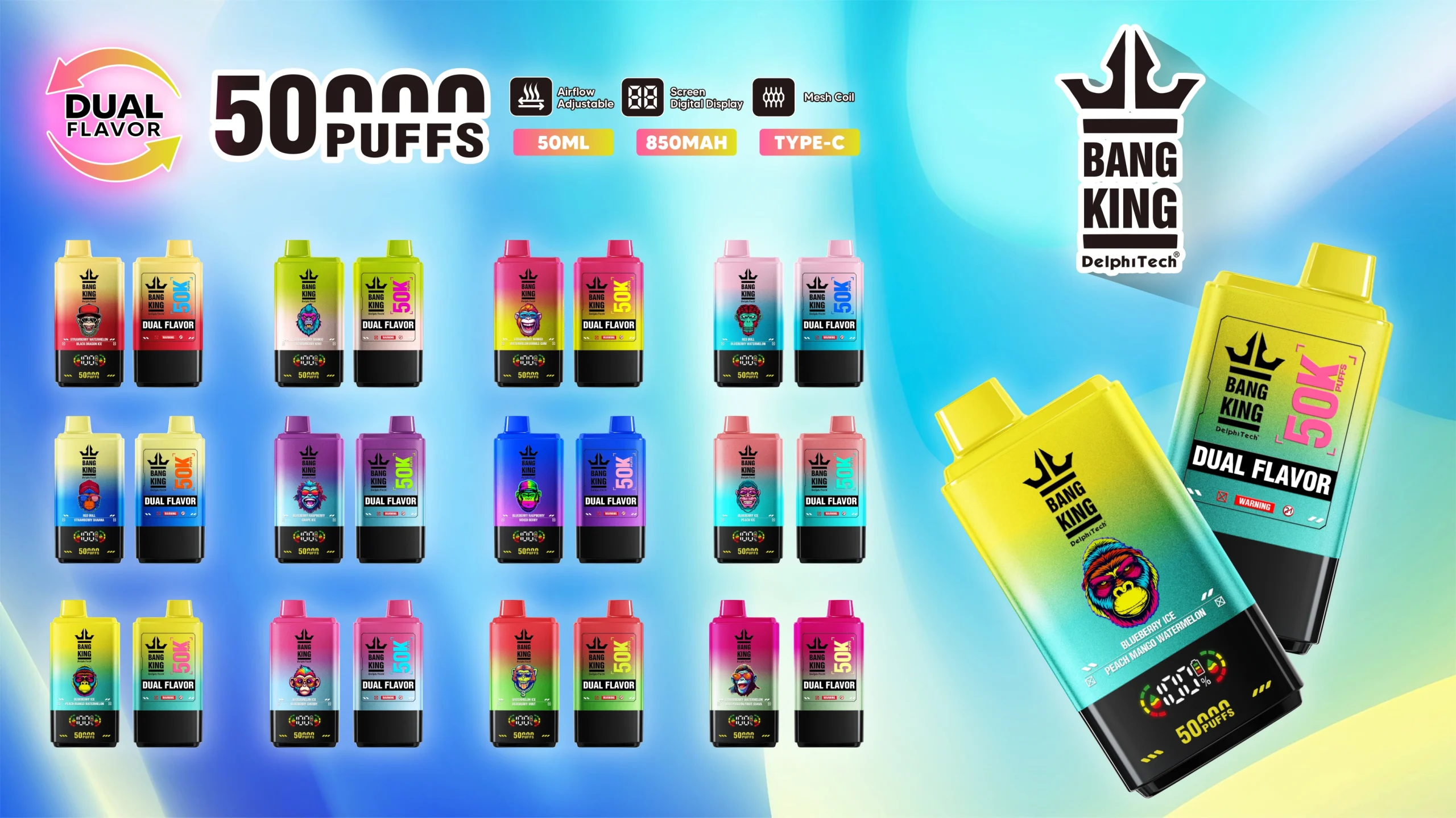 Bang King 50K — Einweg E-Zigarette mit 50.000 Zügen & Dual-Flavor-Switch 13 Bang King 50K — Einweg E Zigarette mit 50.000 Zuegen Dual Flavor Switch NexPuffEU 1 scaled